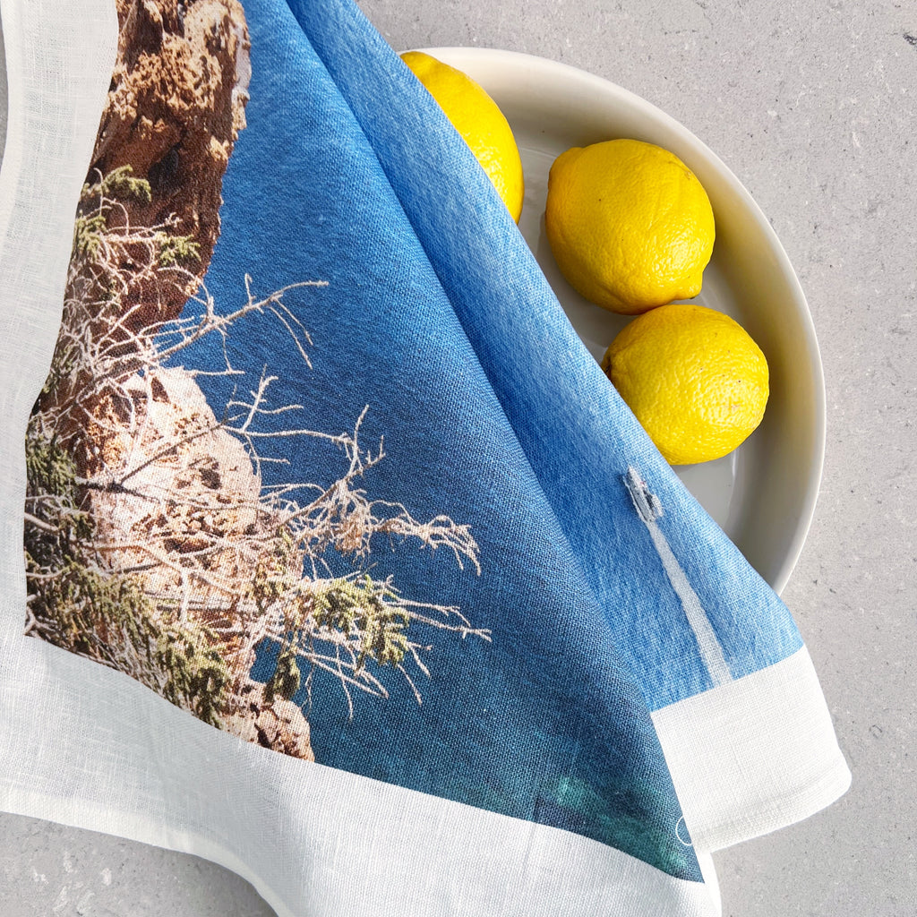 Greece Collection: Santorini Boats Linen Tea Towel